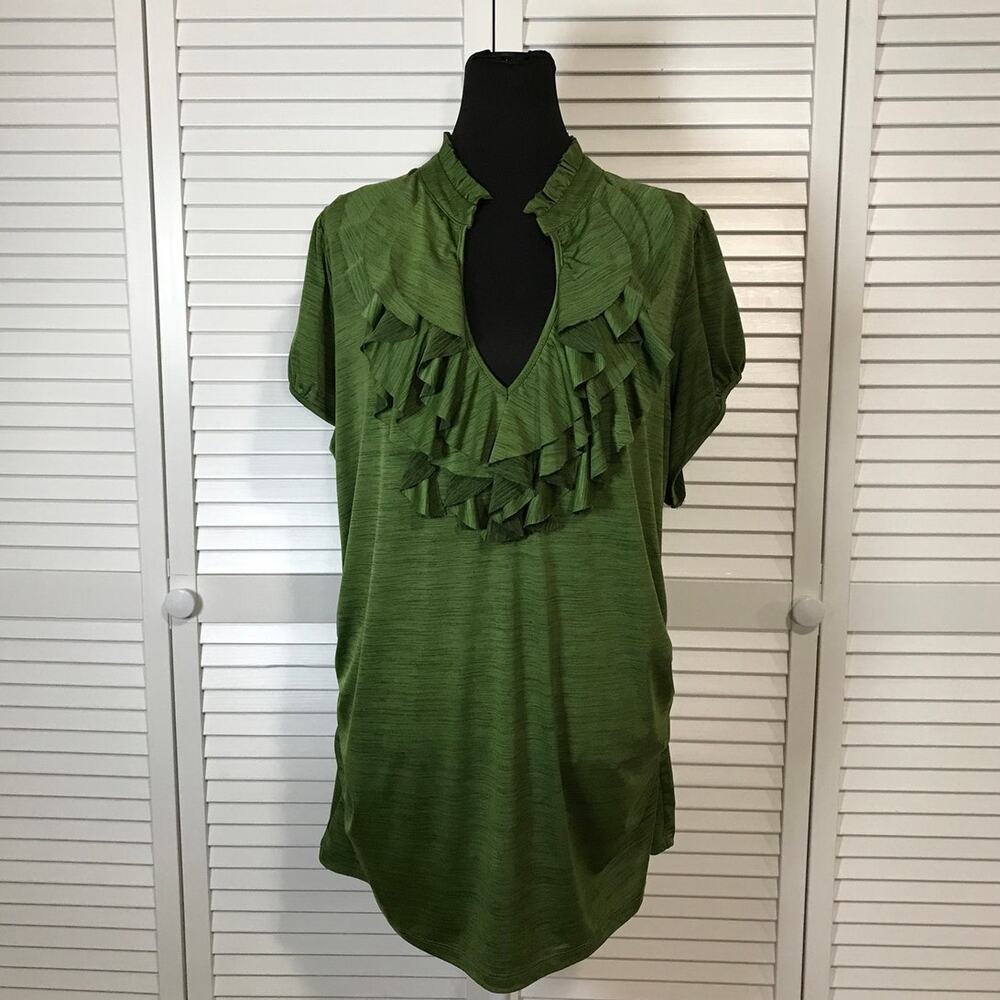HeartSoul Vintage Y2K Green Ruffled Babydoll Deep V-neckline Tunic Blouse 1X